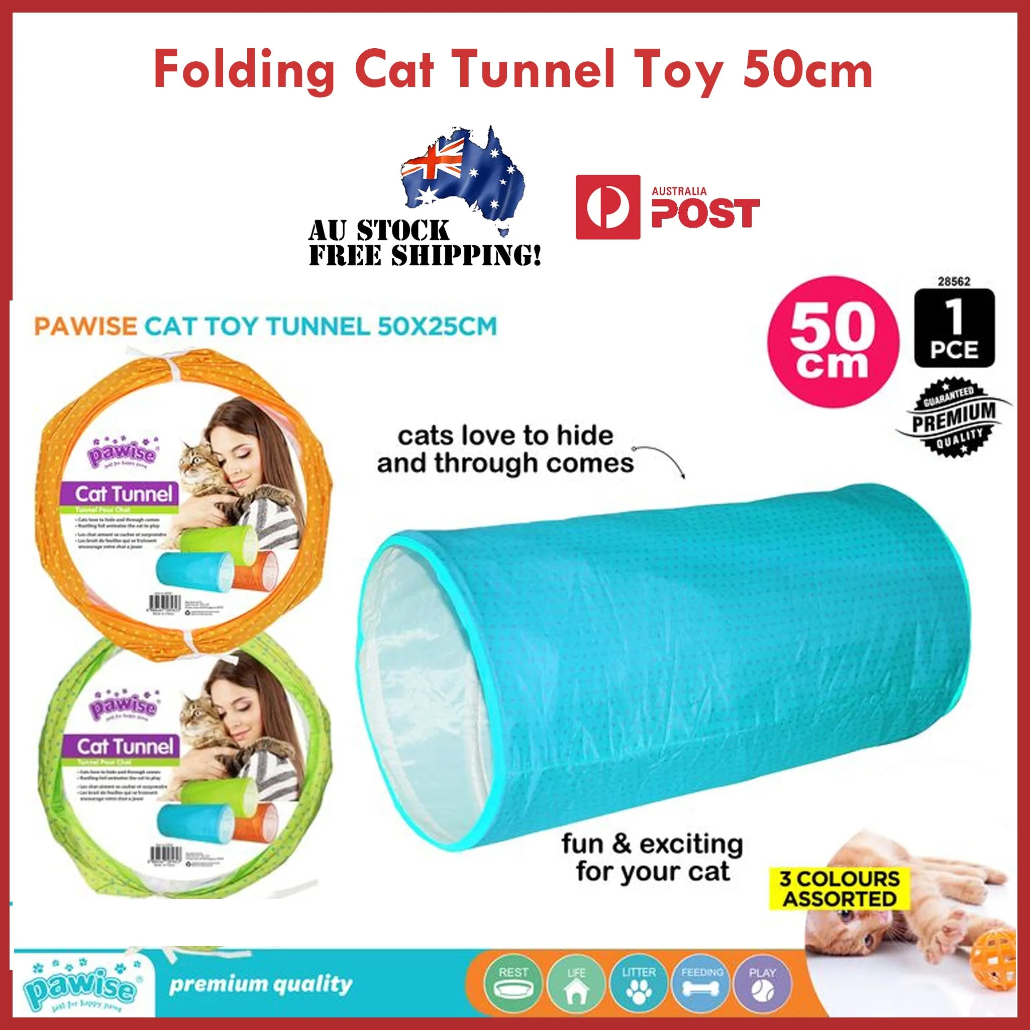 3pcs Cat Tunnel Pet Tube Folding Long 50x25cm Colourful Extra Large Big Colour