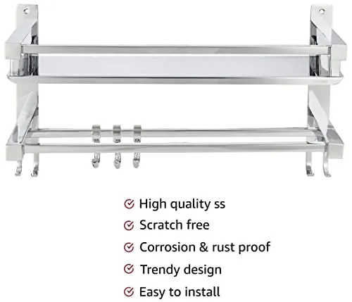 Amazon Brand - Solimo Stainless Steel Bathroom Shelf/Rack with Towel Holder/Towel Hooks/Bathroom Accessories Wall-Mount (Chrome Finish) (2- Shelf)