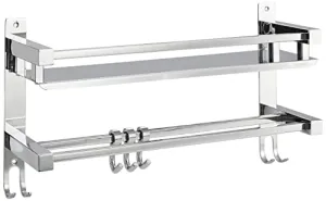 Amazon Brand - Solimo Stainless Steel Bathroom Shelf/Rack with Towel Holder/Towel Hooks/Bathroom Accessories Wall-Mount (Chrome Finish) (2- Shelf)