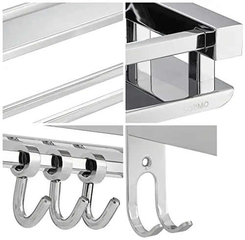 Amazon Brand - Solimo Stainless Steel Bathroom Shelf/Rack with Towel Holder/Towel Hooks/Bathroom Accessories Wall-Mount (Chrome Finish) (2- Shelf)