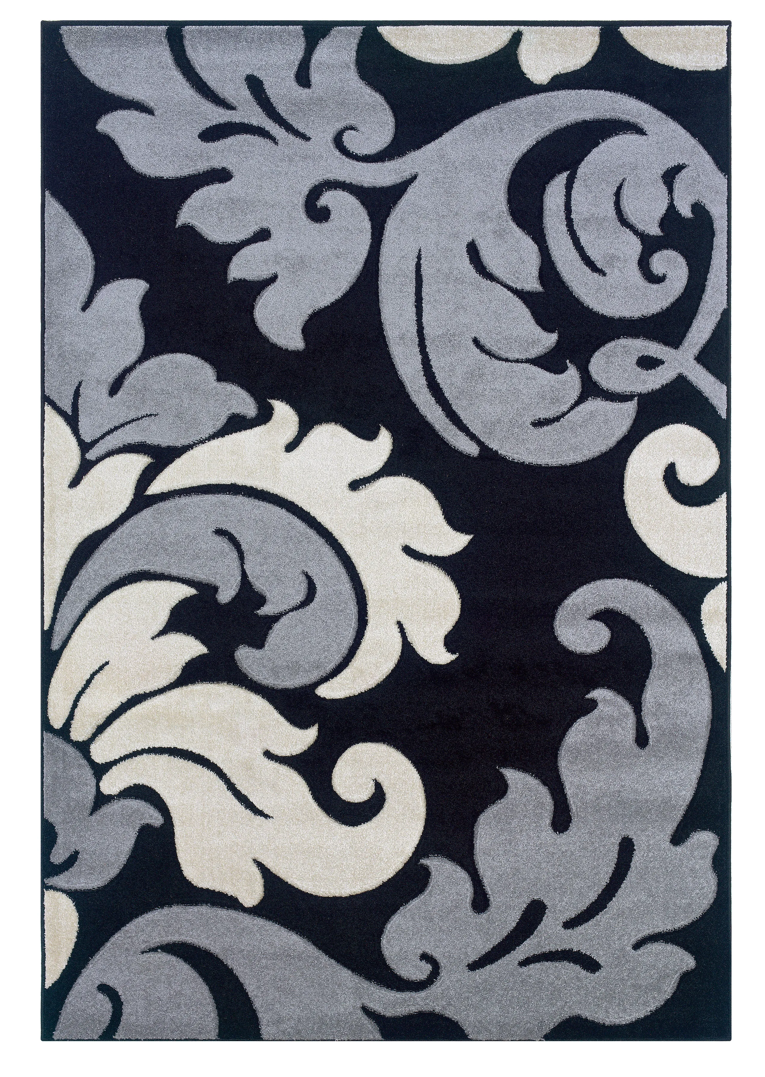 Benzara 2.83 x 1.83 Feet Frieze Yarn Rug with Filigree Design, Black and Gray