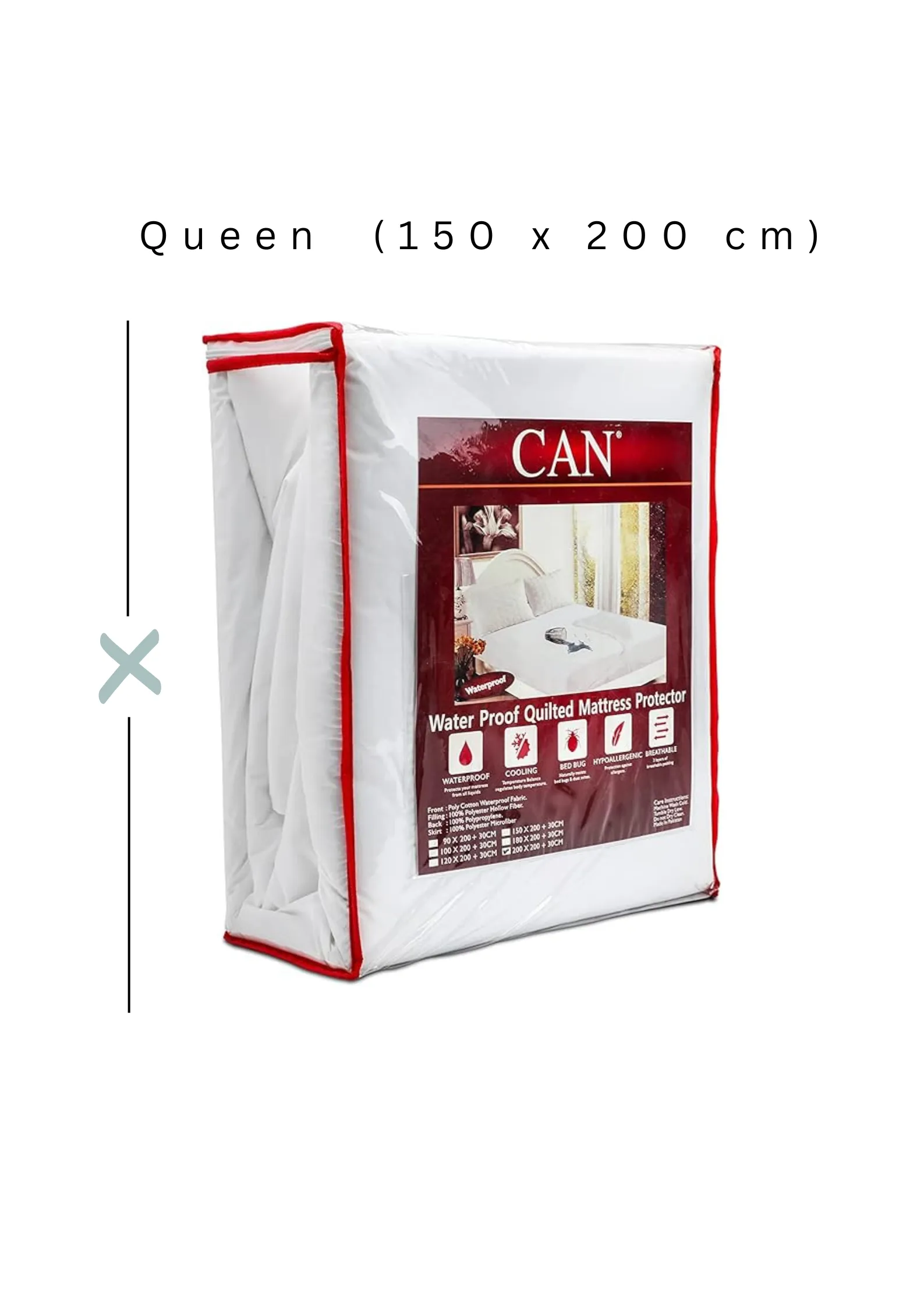 CAN Waterproof Quilted Mattress Protector (TC144 Poly Cotton Fabric, White)