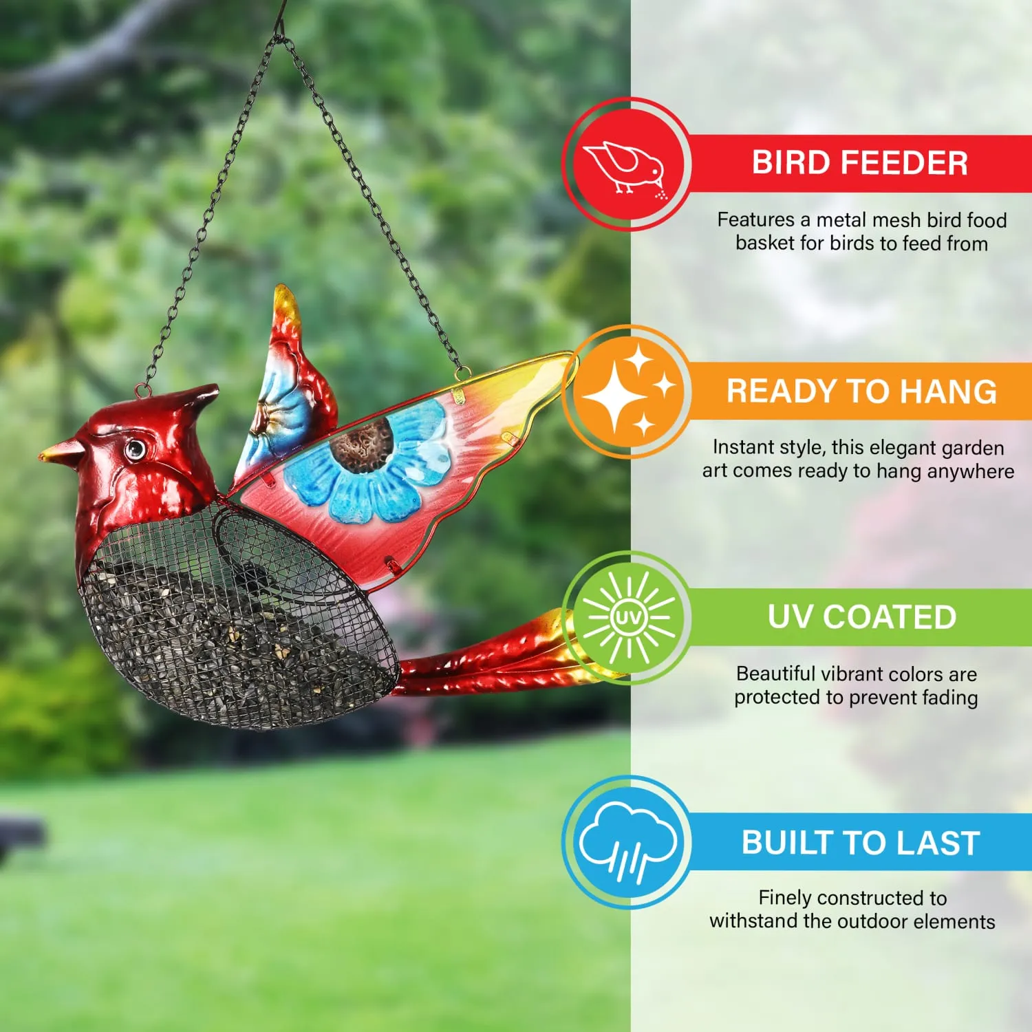 Cardinal Bird Feeder With Metal Mesh Seed Basket, 15 by 18 Inches