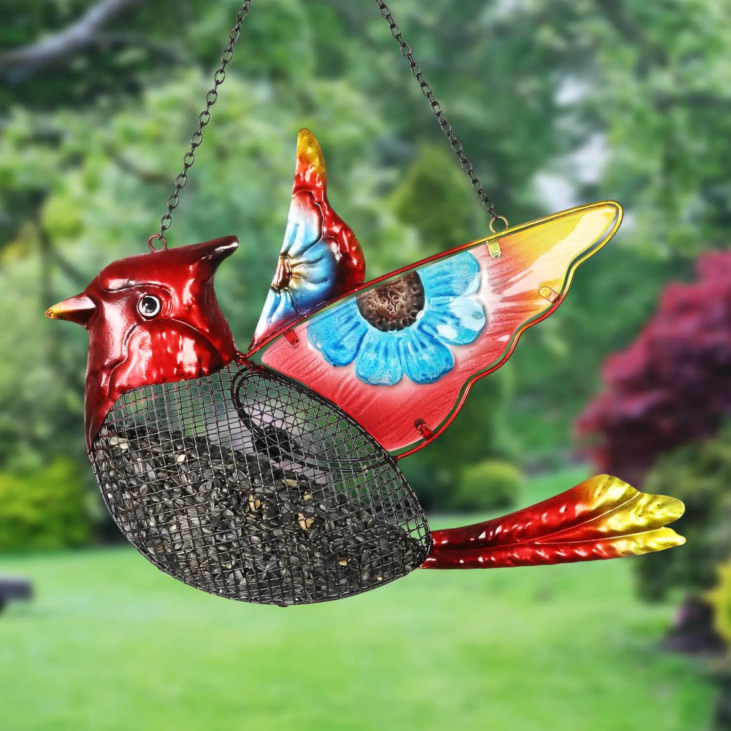 Cardinal Bird Feeder With Metal Mesh Seed Basket, 15 by 18 Inches