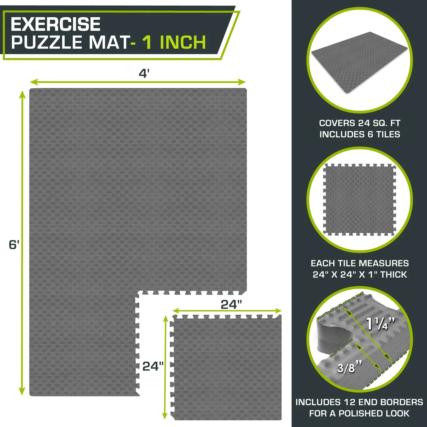 Checkered Exercise Puzzle Mat 1-in, 24 Sq Ft