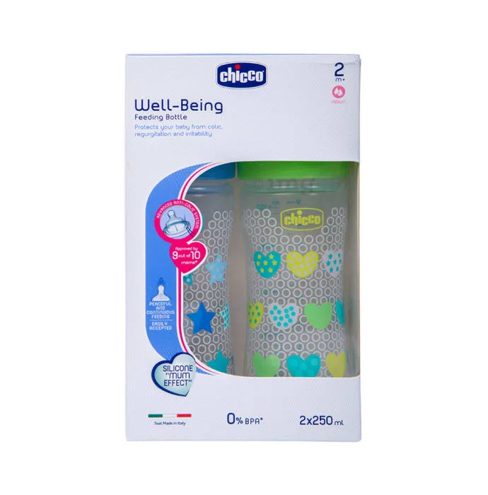 CHICCO Well being Narrow neck Feeding bottle, Pack of 2 - Green & Blue, 250ml, 2 m