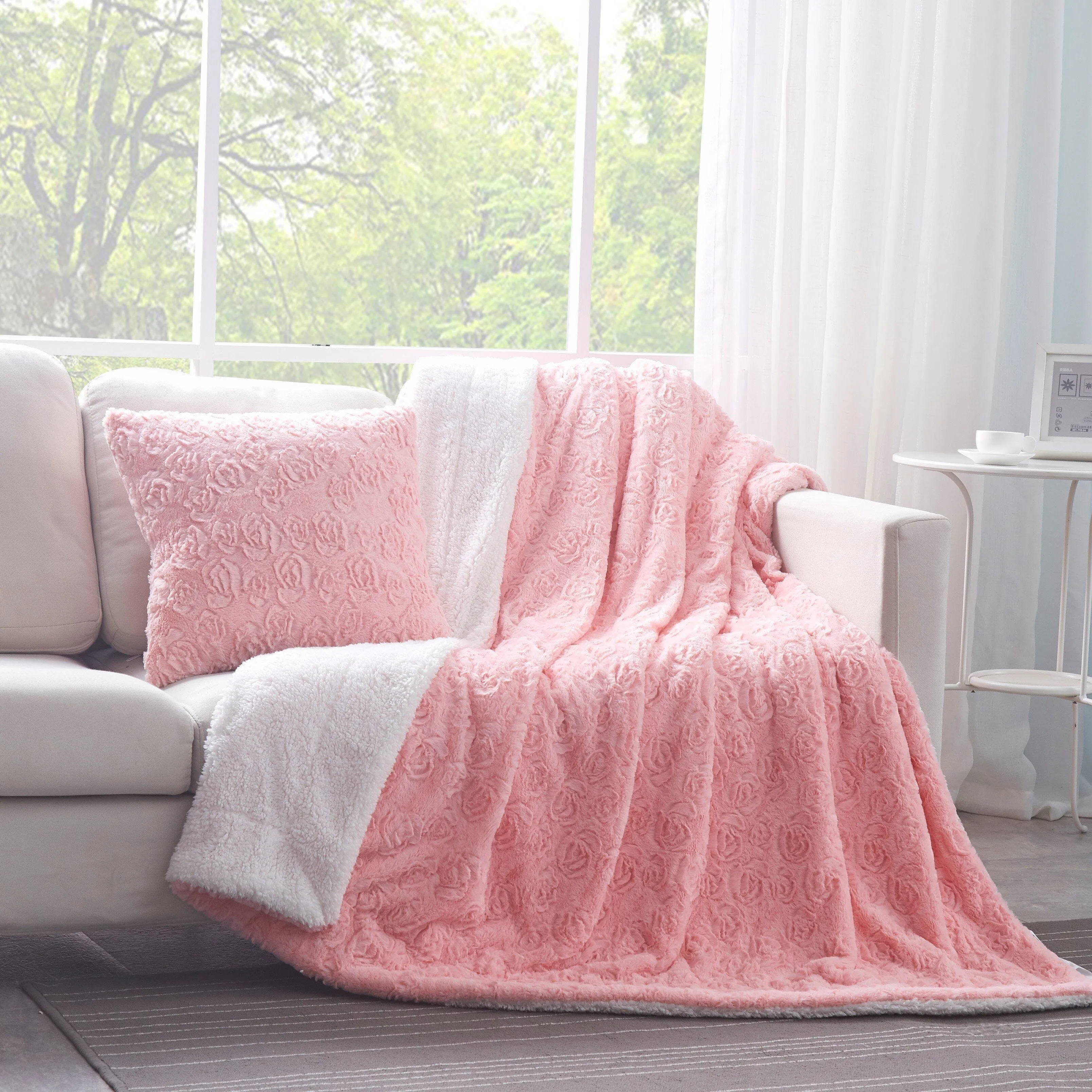 DaDa Bedding Rosey Pastel Blossom Pink Faux Fur Euro Throw Pillow Cover (171752)