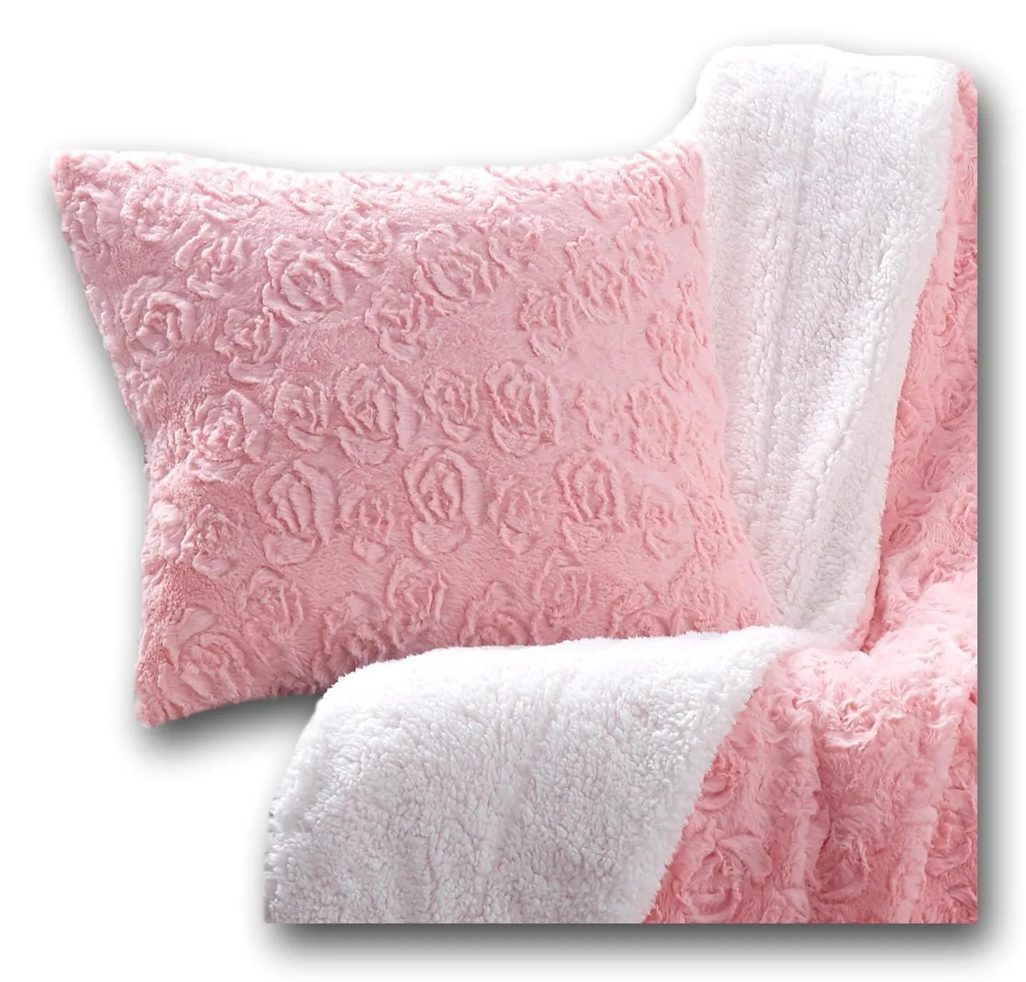 DaDa Bedding Rosey Pastel Blossom Pink Faux Fur Euro Throw Pillow Cover (171752)