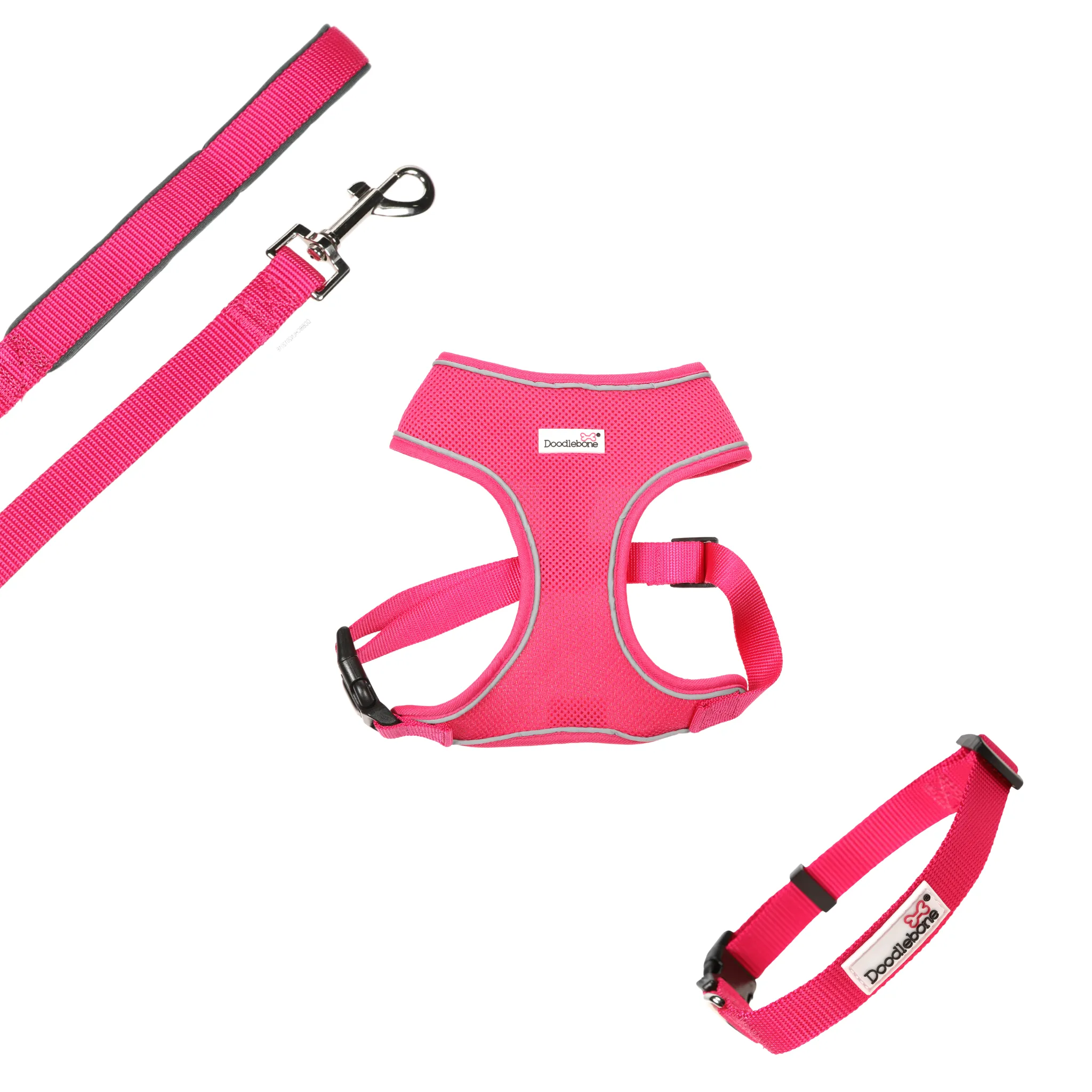 Doodlebone Originals Airmesh Bundle Set Dog Lead, Collar & Harness Fuchsia Pink