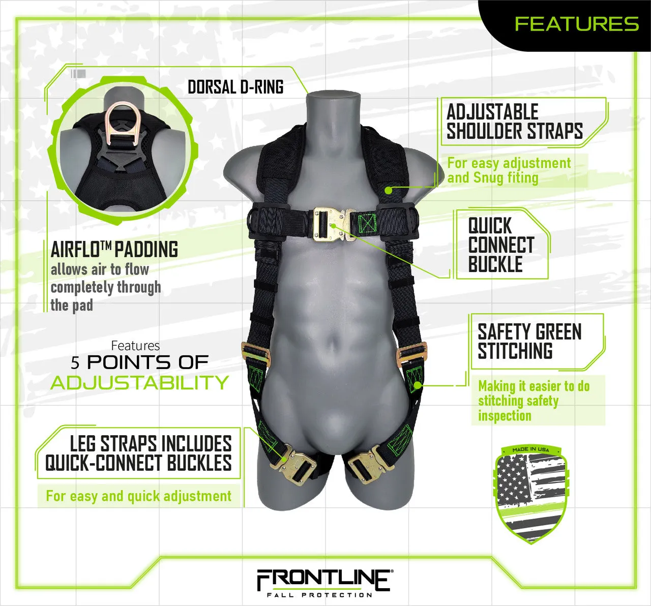 Frontline 310VQC Patriot Vest Style Harness with Airflo and Quick Connect Buckles - Made in USA XL