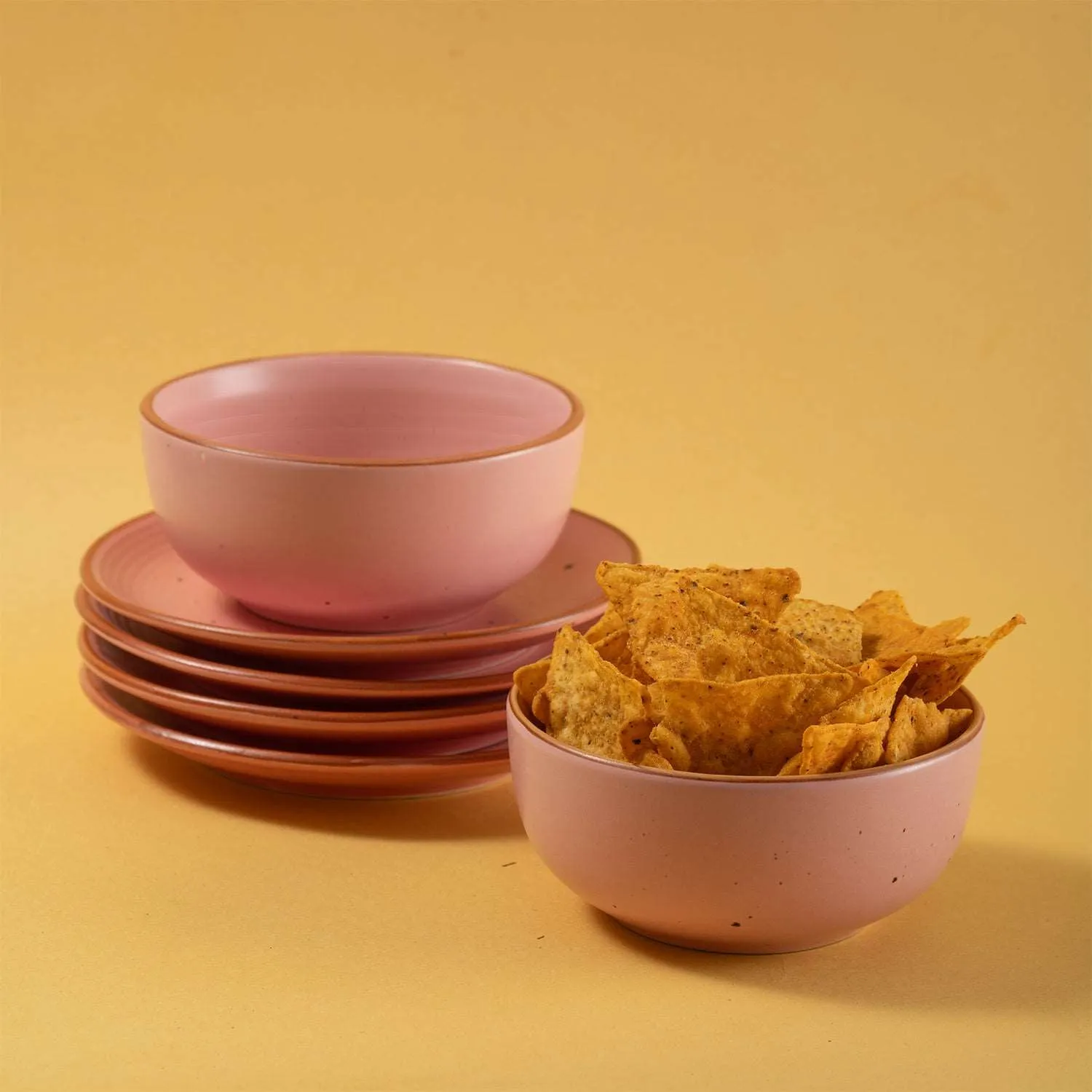 Handmade Ceramic Snack Platter, set of 2 serving bowls and 4 Quarter plates for house parties, Set of 6, Warm Pink