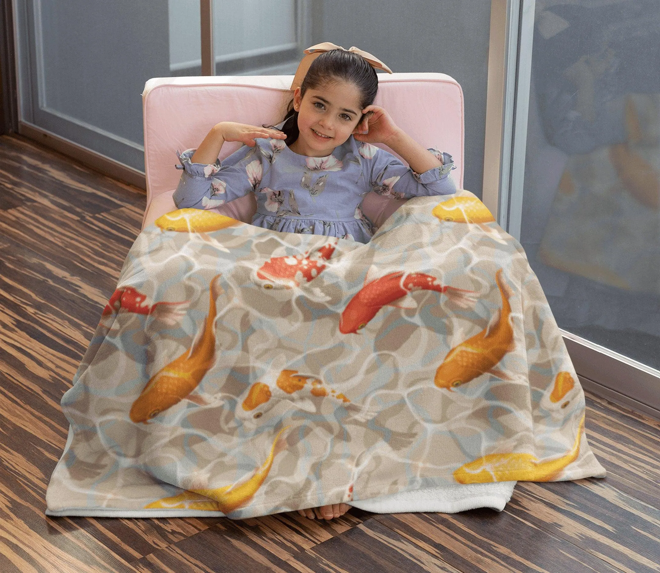 Japanese Koi Fish in Pond Beige Soft Fluffy Velvet Flannel Fleece Throw Blanket