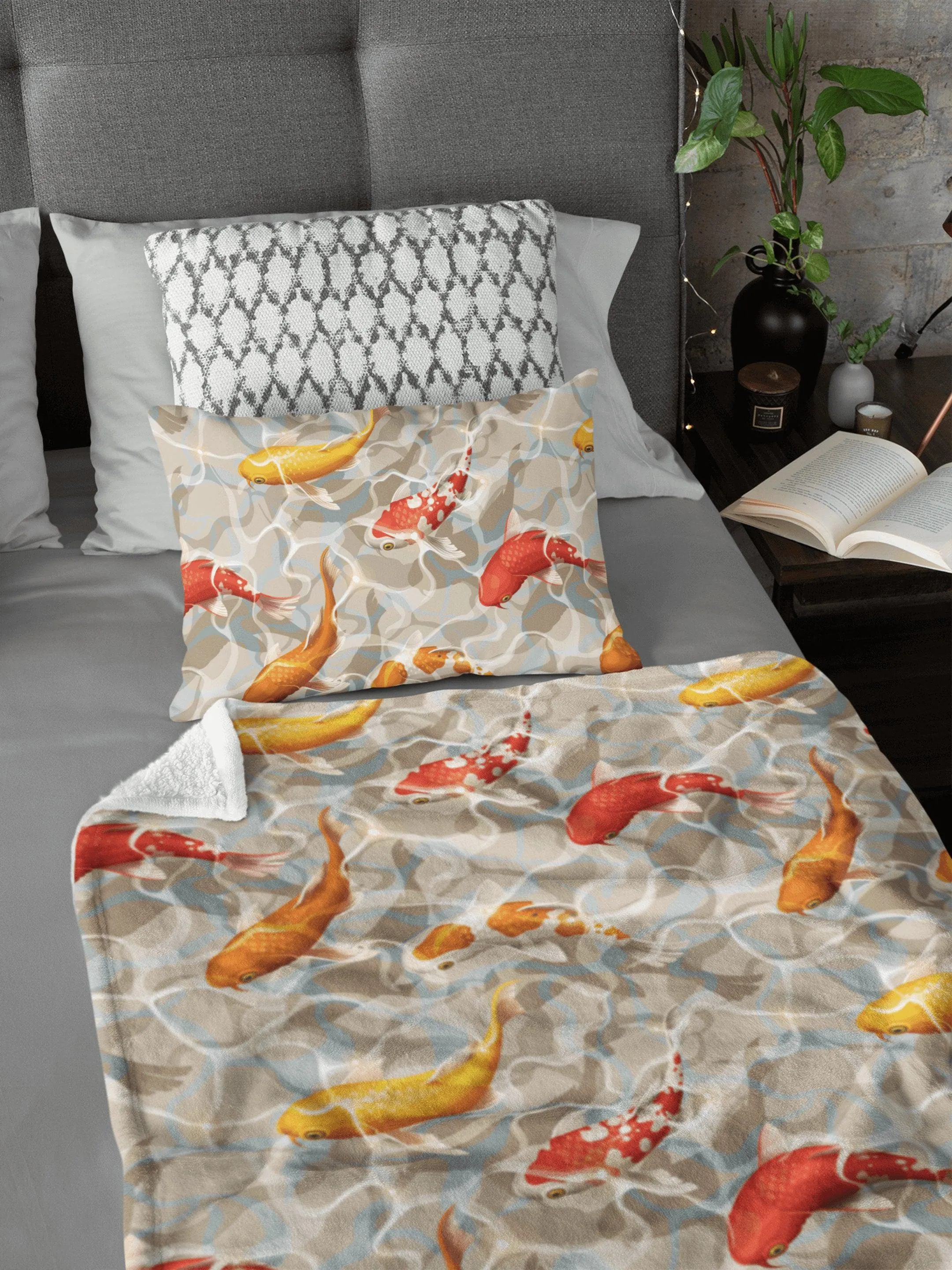 Japanese Koi Fish in Pond Beige Soft Fluffy Velvet Flannel Fleece Throw Blanket