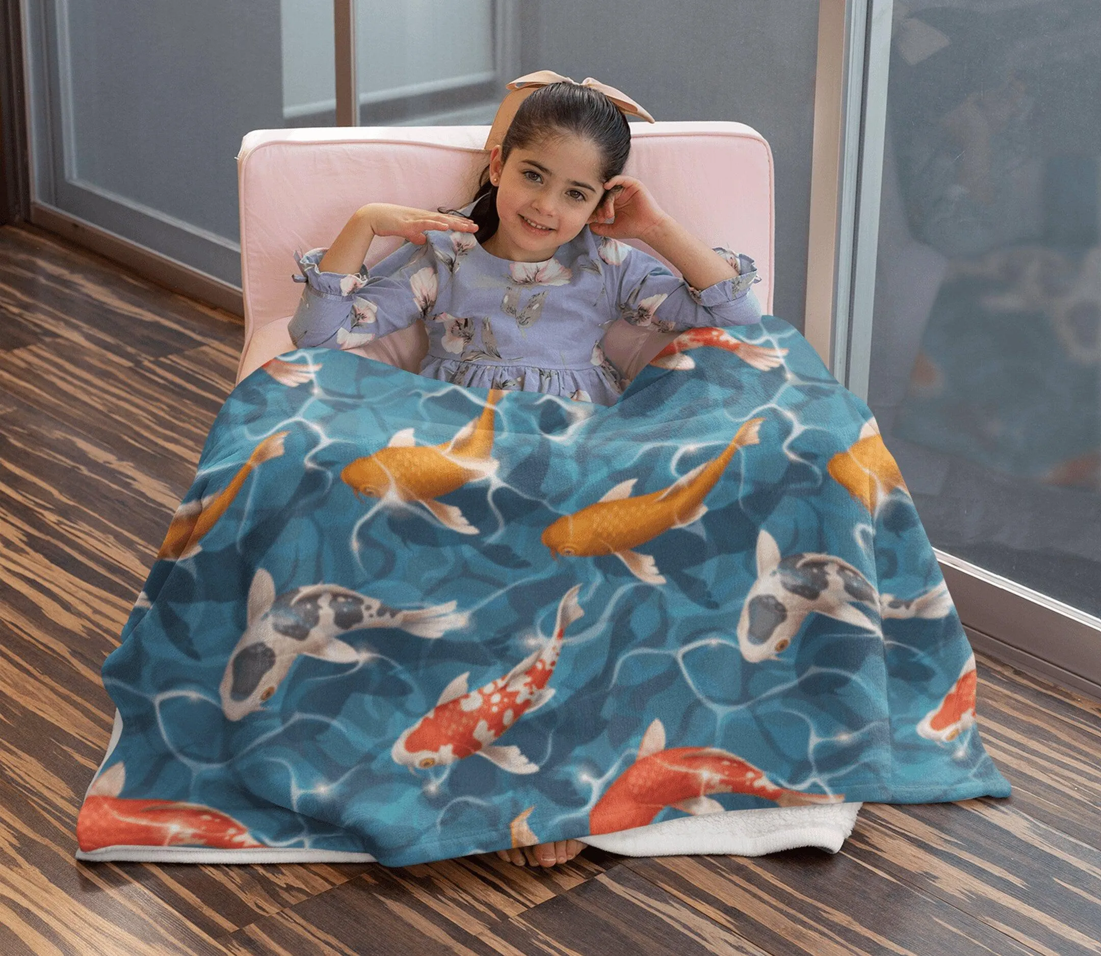 Japanese Koi Fish in Pond Blue Soft Fluffy Velvet Flannel Fleece Throw Blanket