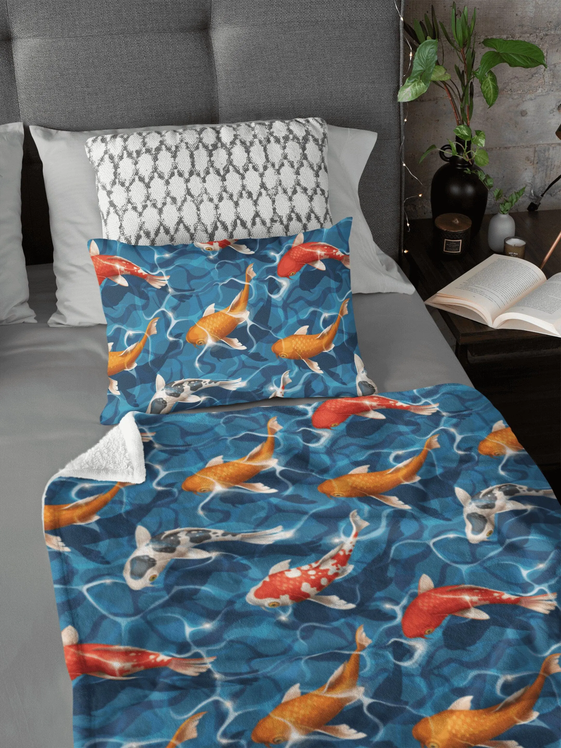 Japanese Koi Fish in Pond Blue Soft Fluffy Velvet Flannel Fleece Throw Blanket