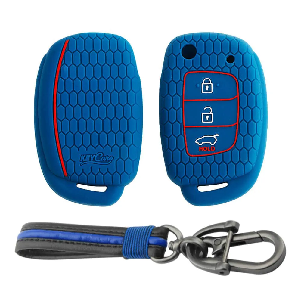 Keycare silicone key cover and keychain fit for : Creta, I20 2020, I20 Elite, I20 Active, Grand I10, Aura, Xcent 19 Onwards, Venue flip key (KC-10, Full leather keychain)