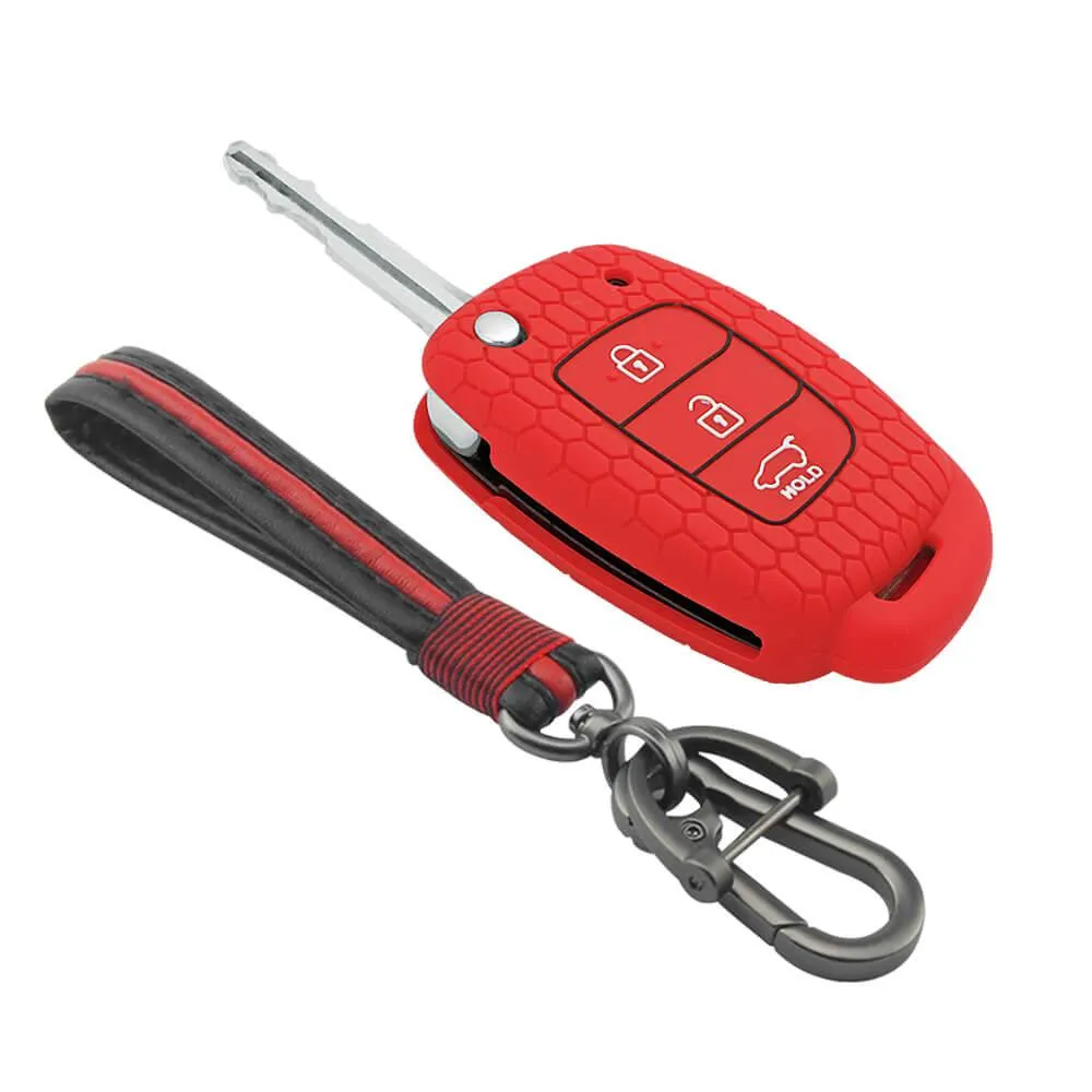 Keycare silicone key cover and keychain fit for : Creta, I20 2020, I20 Elite, I20 Active, Grand I10, Aura, Xcent 19 Onwards, Venue flip key (KC-10, Full leather keychain)