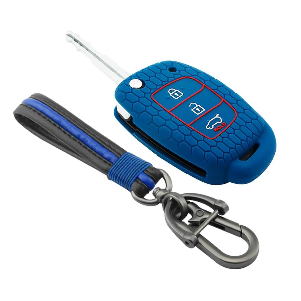 Keycare silicone key cover and keychain fit for : Creta, I20 2020, I20 Elite, I20 Active, Grand I10, Aura, Xcent 19 Onwards, Venue flip key (KC-10, Full leather keychain)