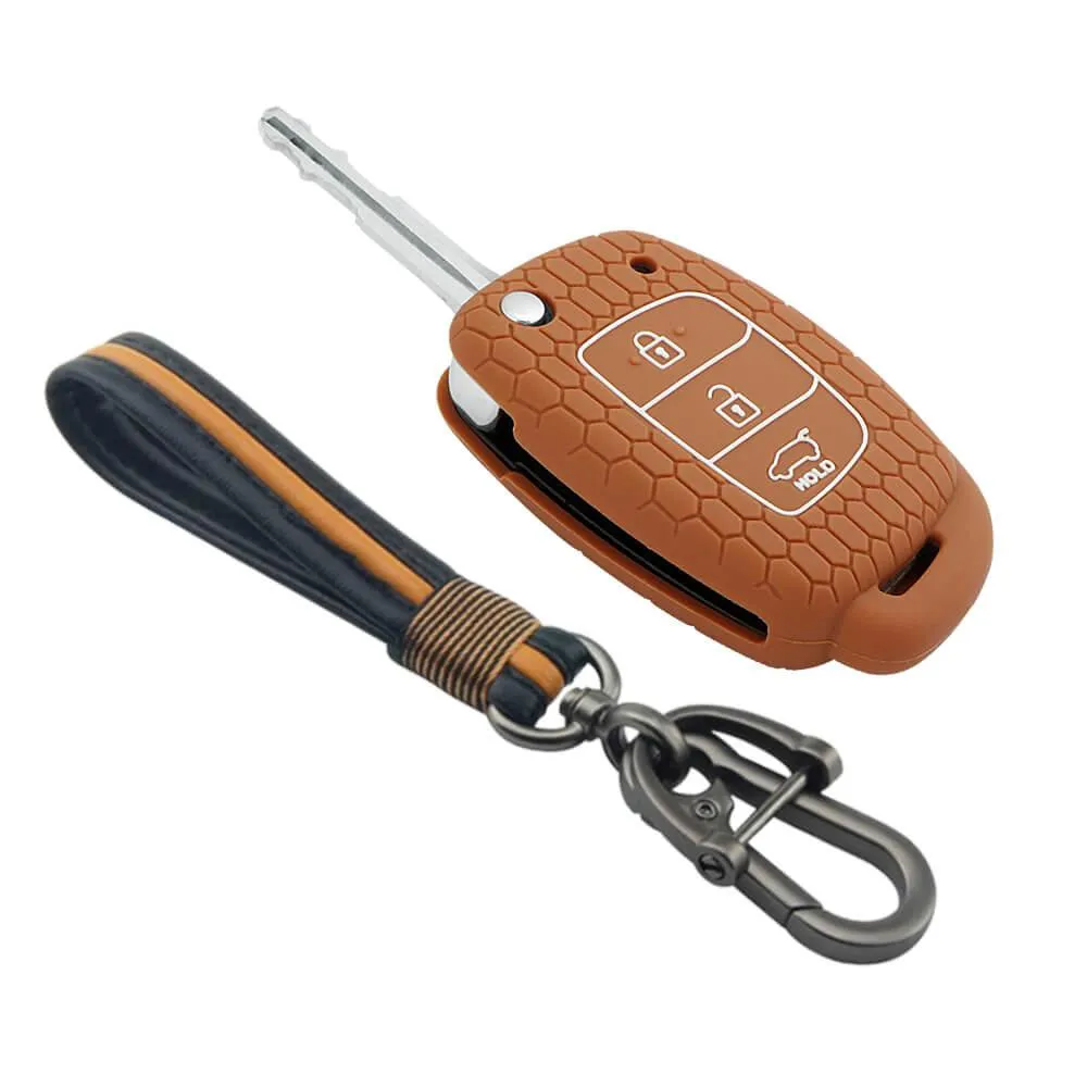 Keycare silicone key cover and keychain fit for : Creta, I20 2020, I20 Elite, I20 Active, Grand I10, Aura, Xcent 19 Onwards, Venue flip key (KC-10, Full leather keychain)