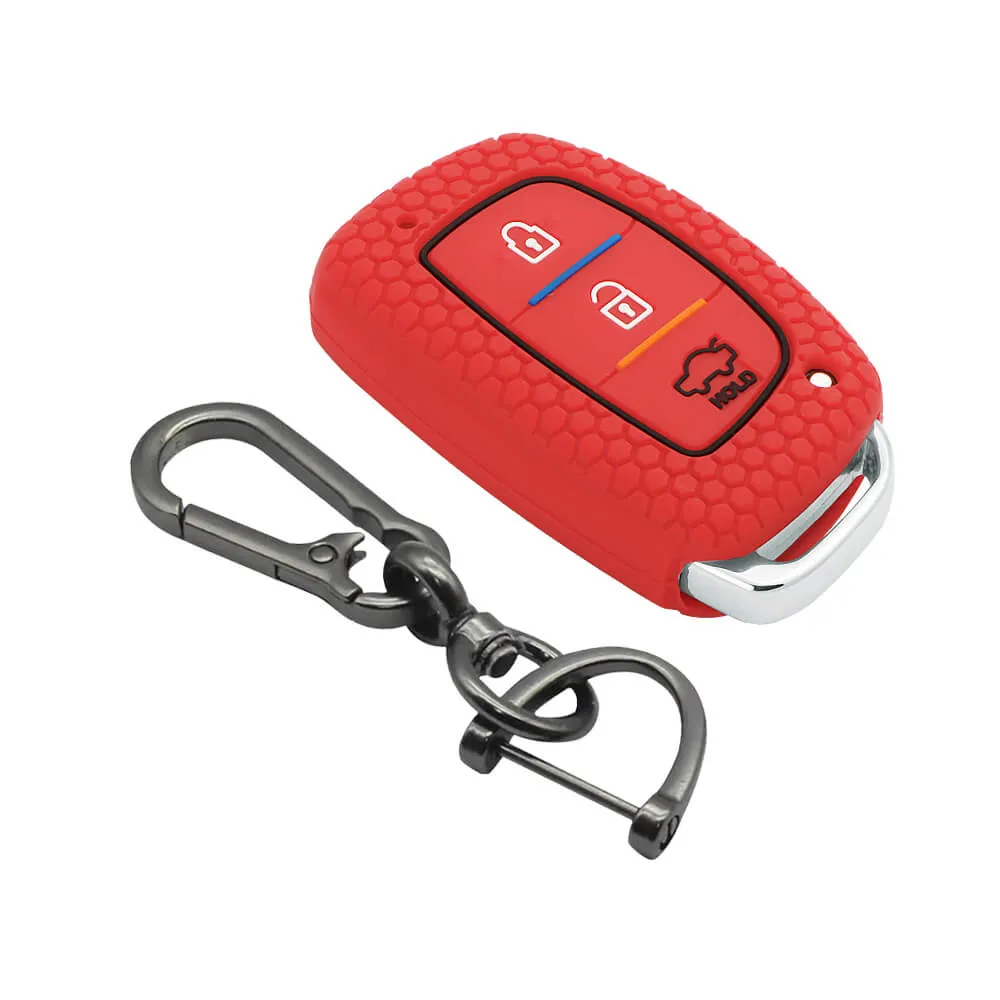 Keycare silicone key cover and keychain fit for : Exter, Creta, Elite I20, Active I20, Aura, Verna 4s, Xcent, Tucson, Elantra 3 button smart key (KC-07, Zinc Alloy)