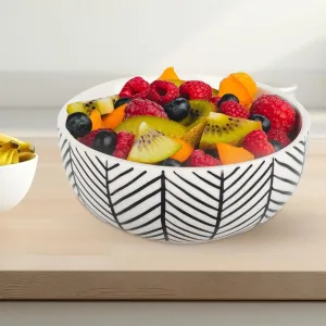 Kuber Industries Ceramic Food Bowl Set | Chini Mitti Bowl | Microwave, Dishwasher Safe Ceramic Bowl | Black Strips Print - White