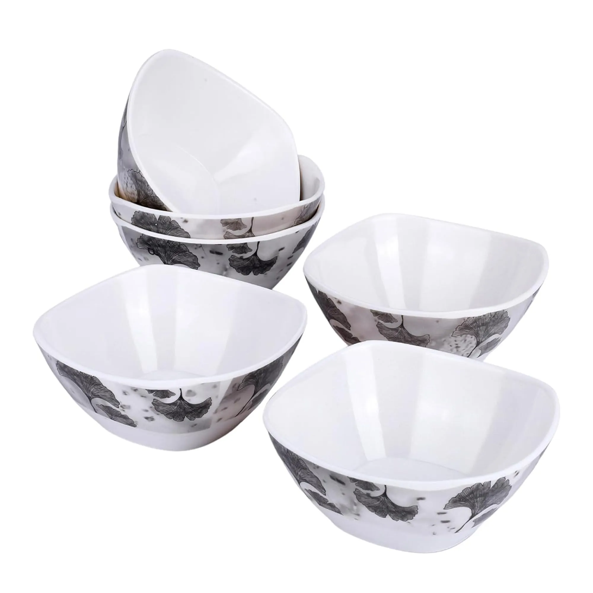 Kuber Industries Shatter Resistant Melamine White Bowls Set of 6 | Lightweight, BPA Free Aesthetic Bowl Set | Black Flower Print - White