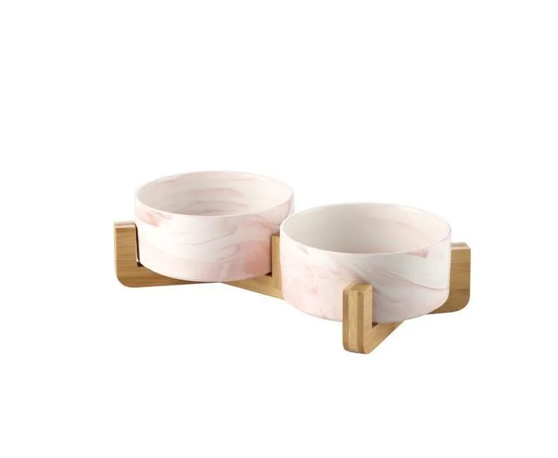 Marble and Bamboo Pet Bowl