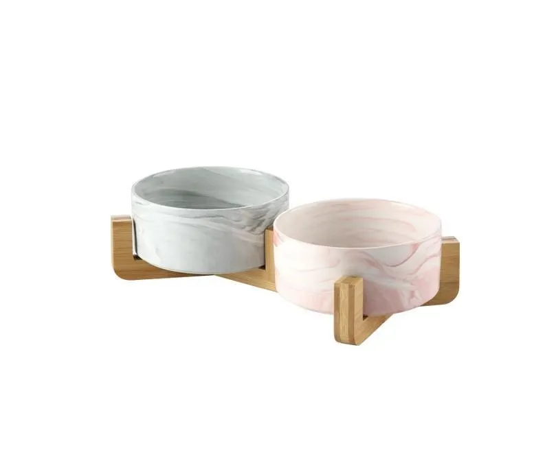 Marble and Bamboo Pet Bowl