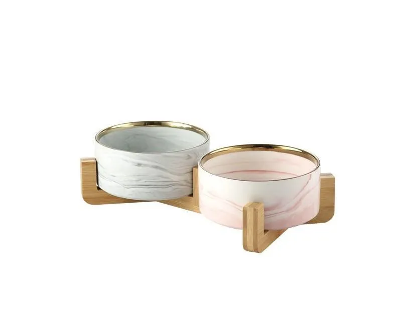 Marble and Bamboo Pet Bowl