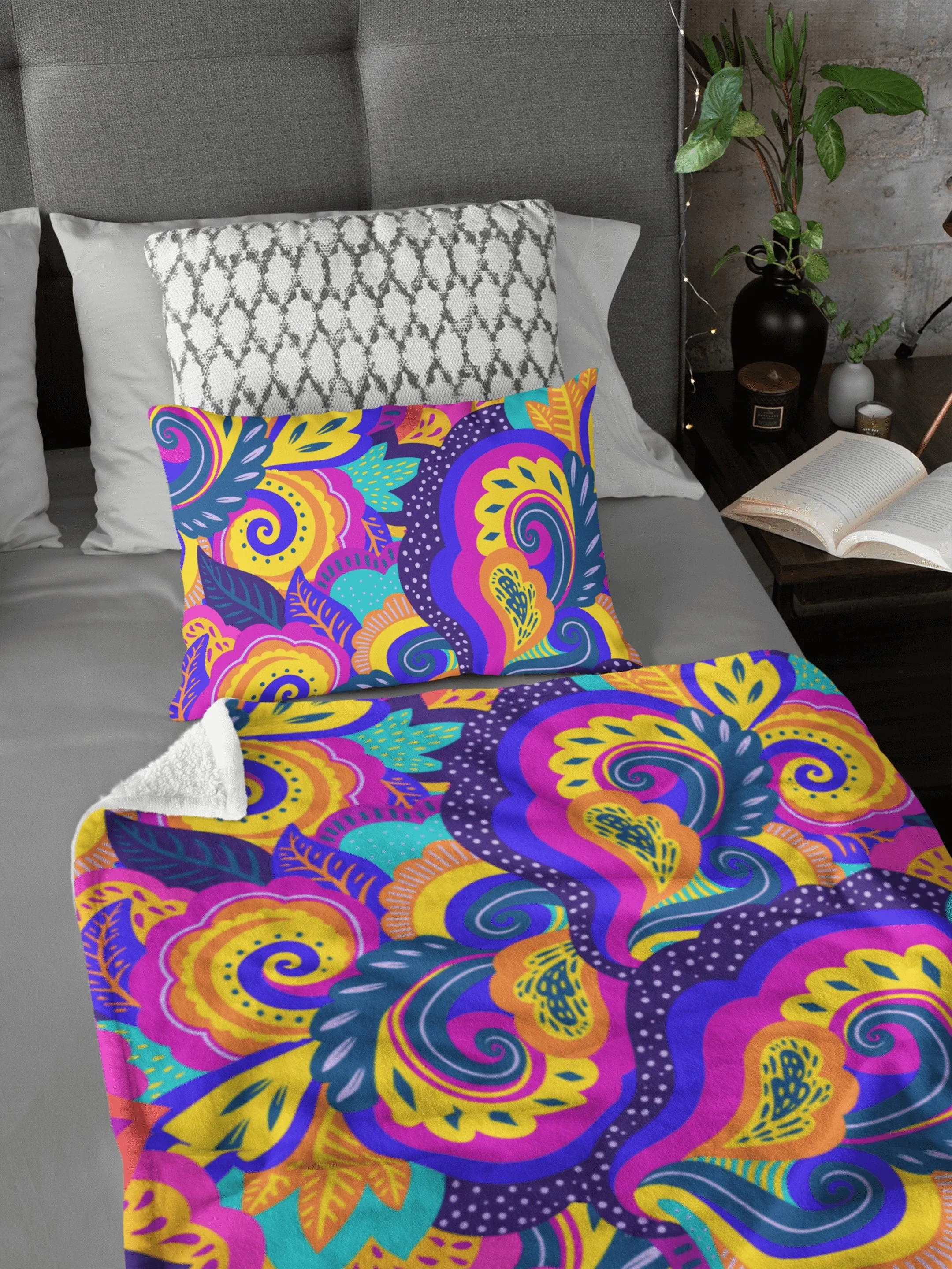 Paisley Swirl Yellow Purple Pink Colorful Fluffy Velvet Flannel Fleece Throw Blanket