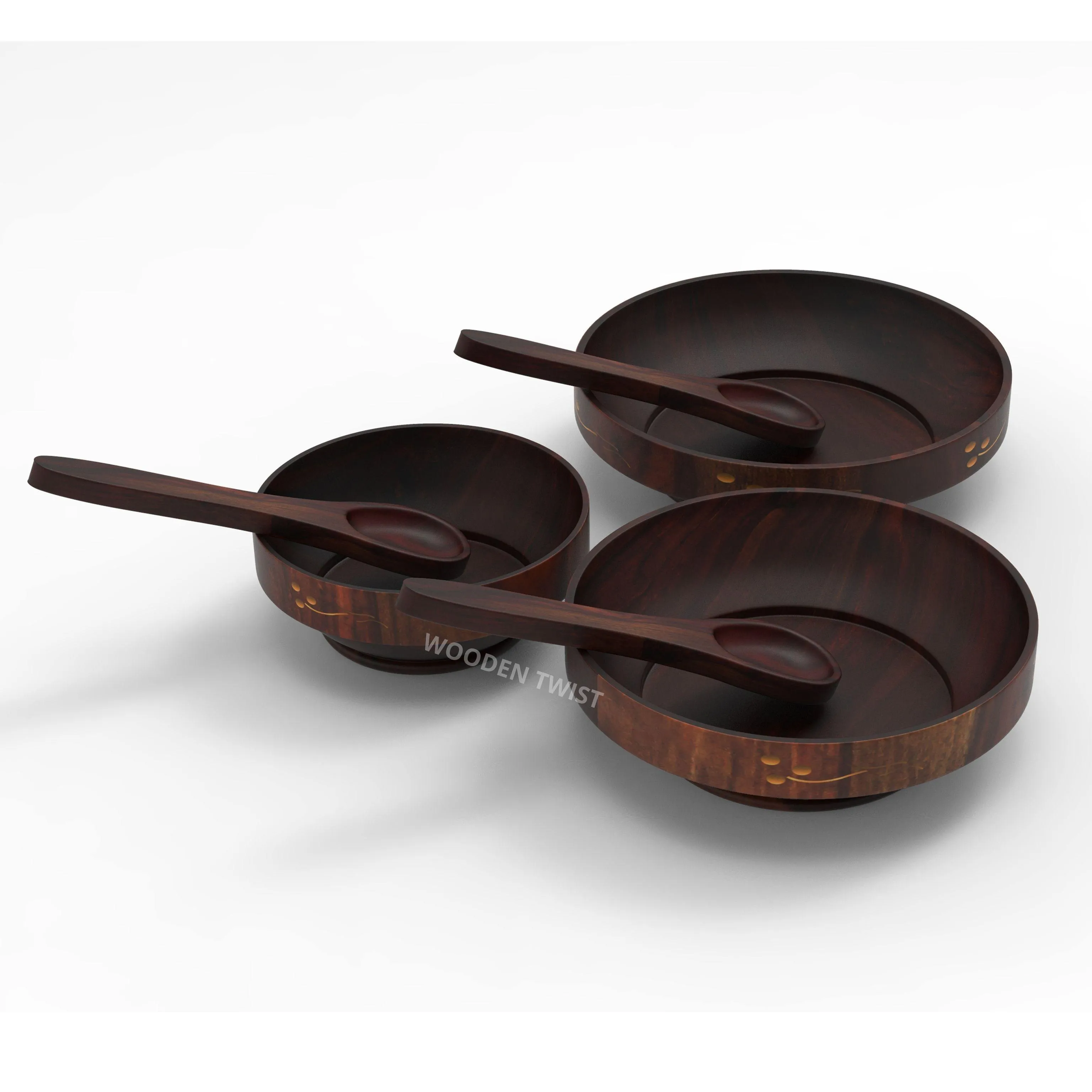 Premium Sheesham Wood Bowl Set With 3 Tea Spoons (Brown)