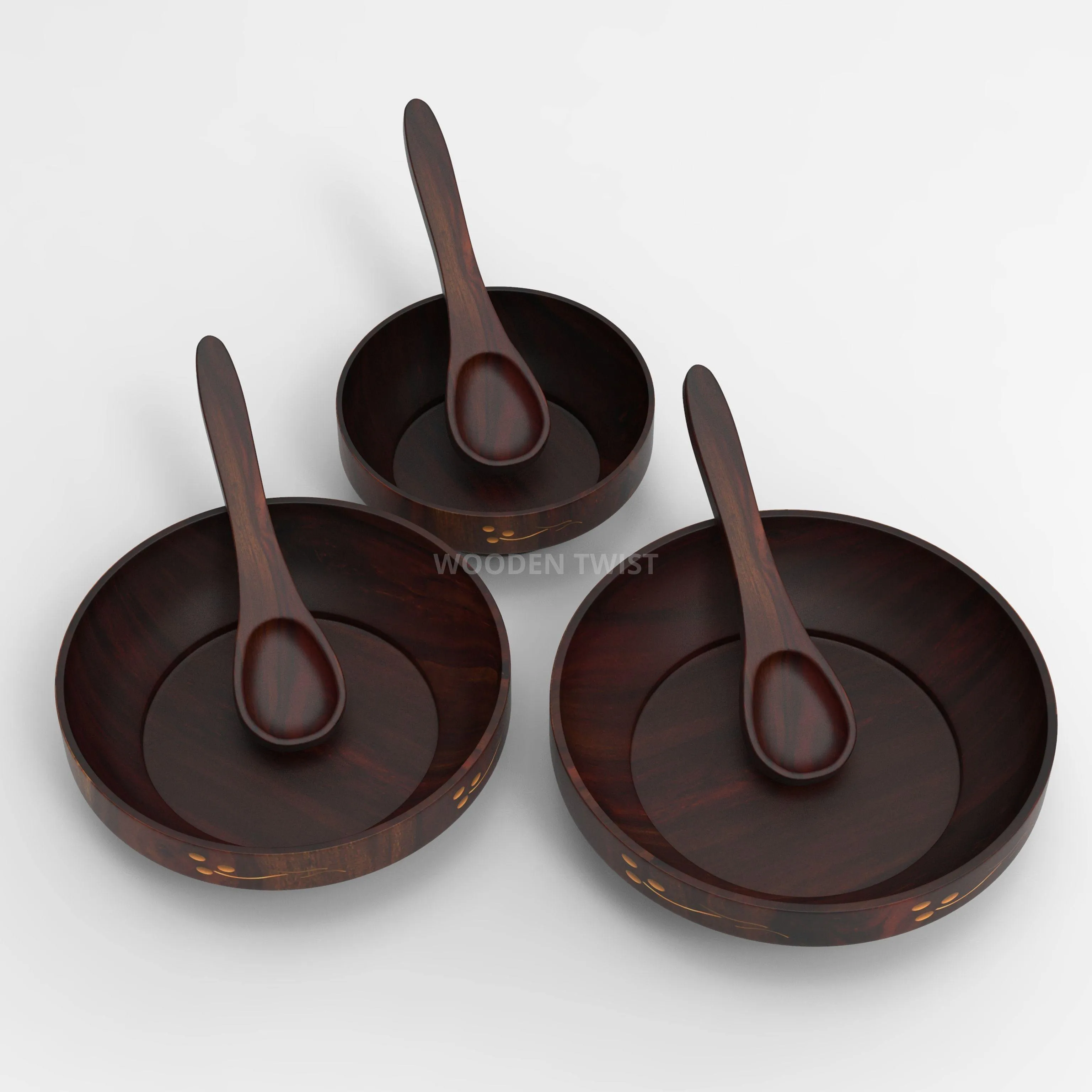 Premium Sheesham Wood Bowl Set With 3 Tea Spoons (Brown)