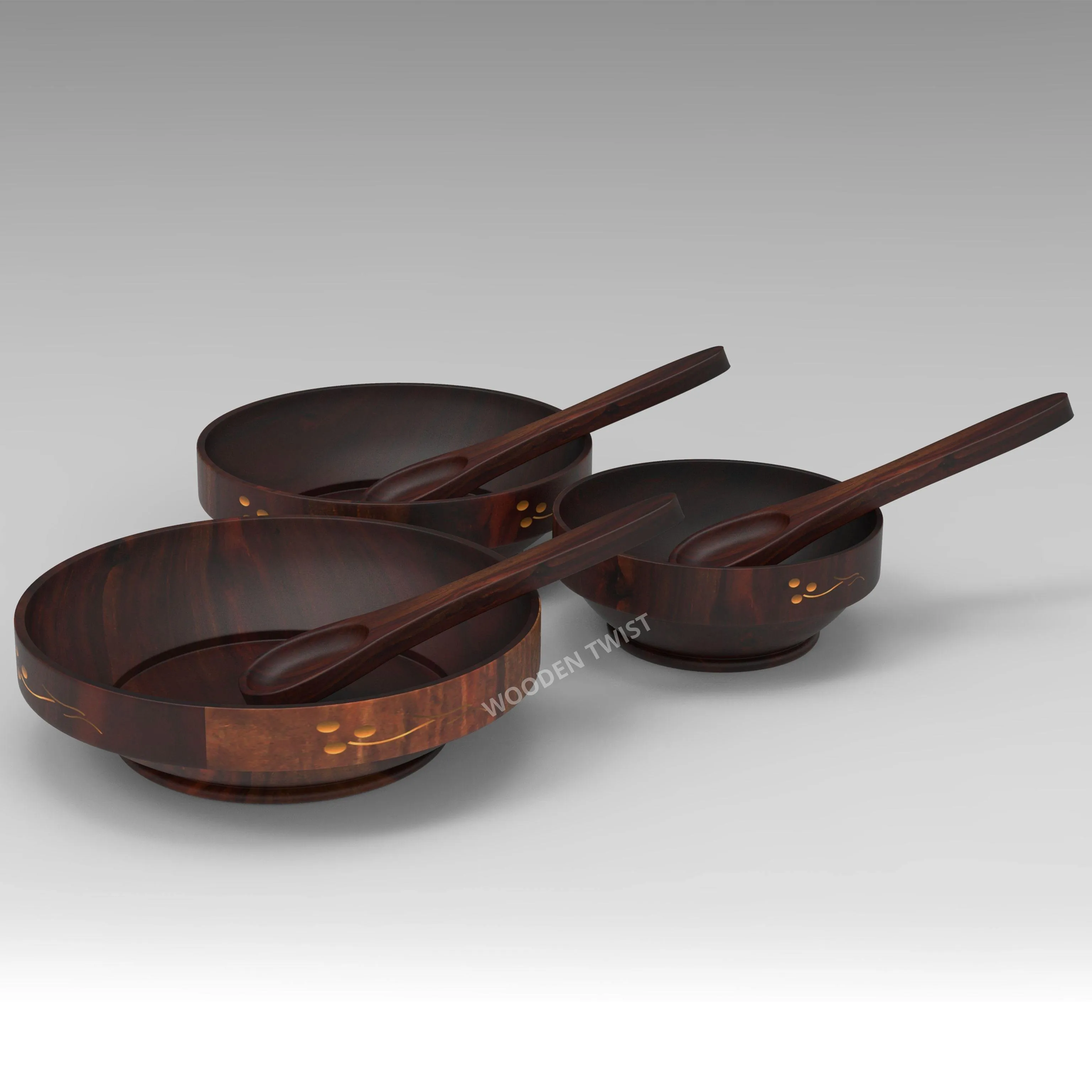 Premium Sheesham Wood Bowl Set With 3 Tea Spoons (Brown)