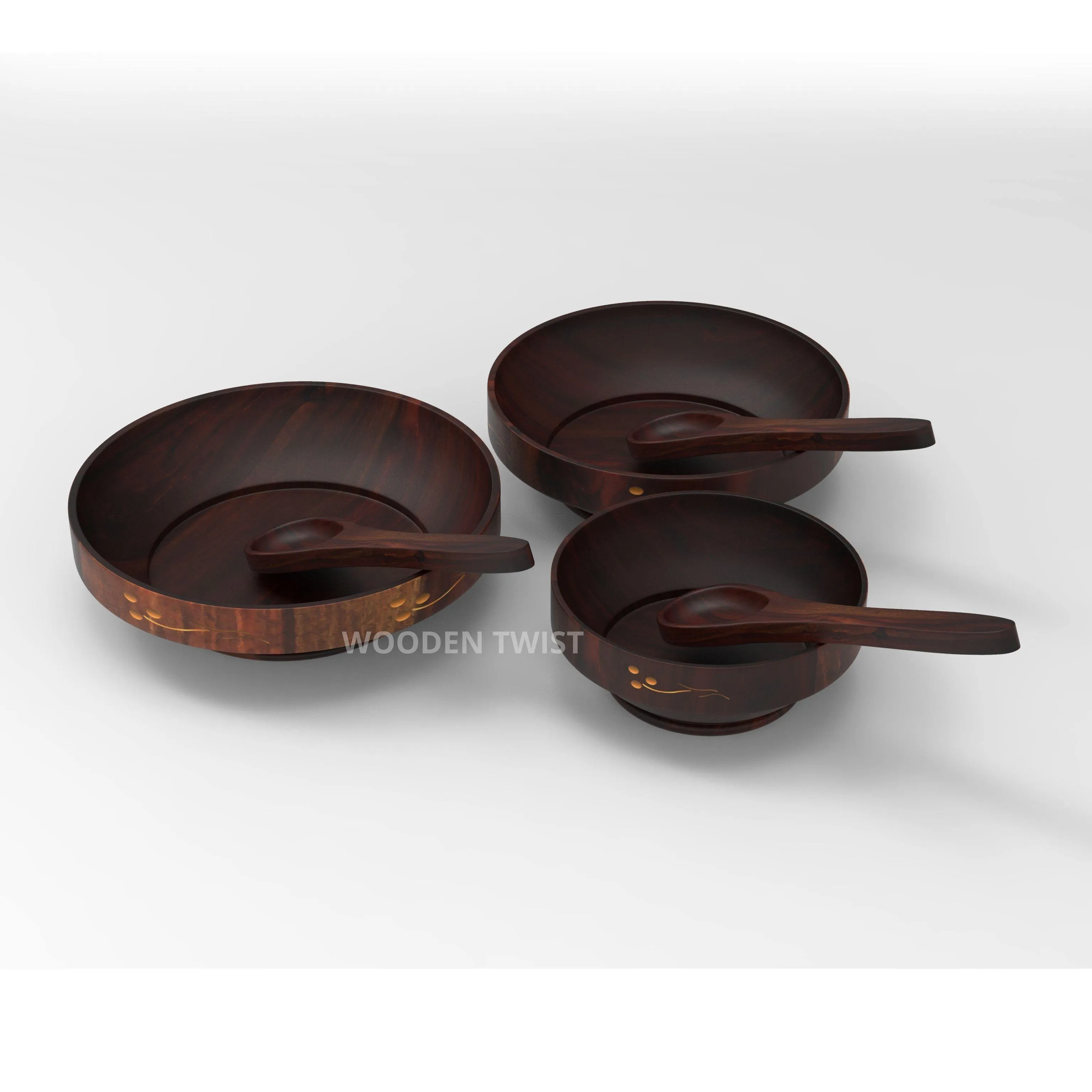 Premium Sheesham Wood Bowl Set With 3 Tea Spoons (Brown)