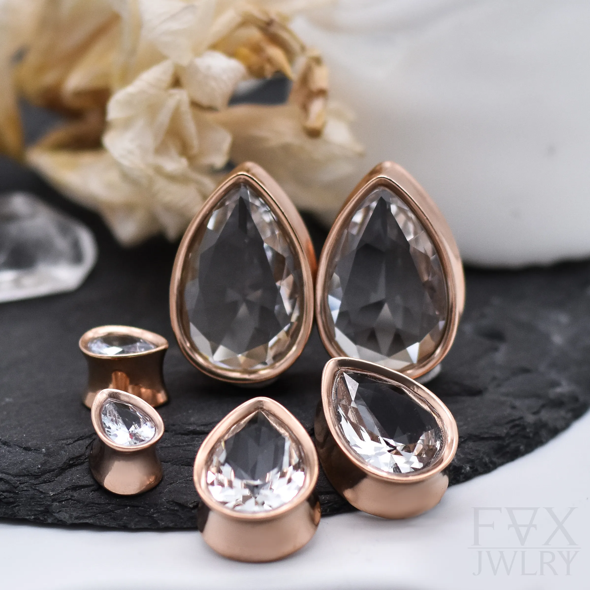 Rose Gold Teardrop Crystal Tunnels