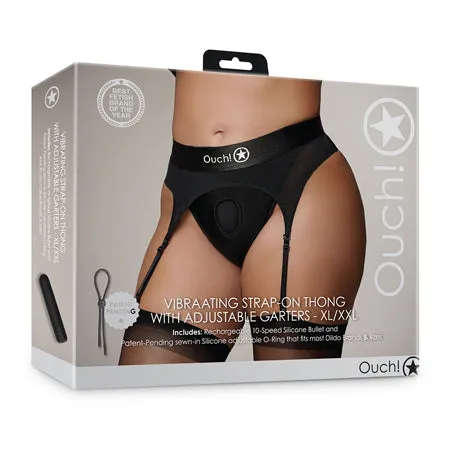 Shots Ouch Vibrating Strap On Thong w/Adjustable Garters - Black XL/XXL