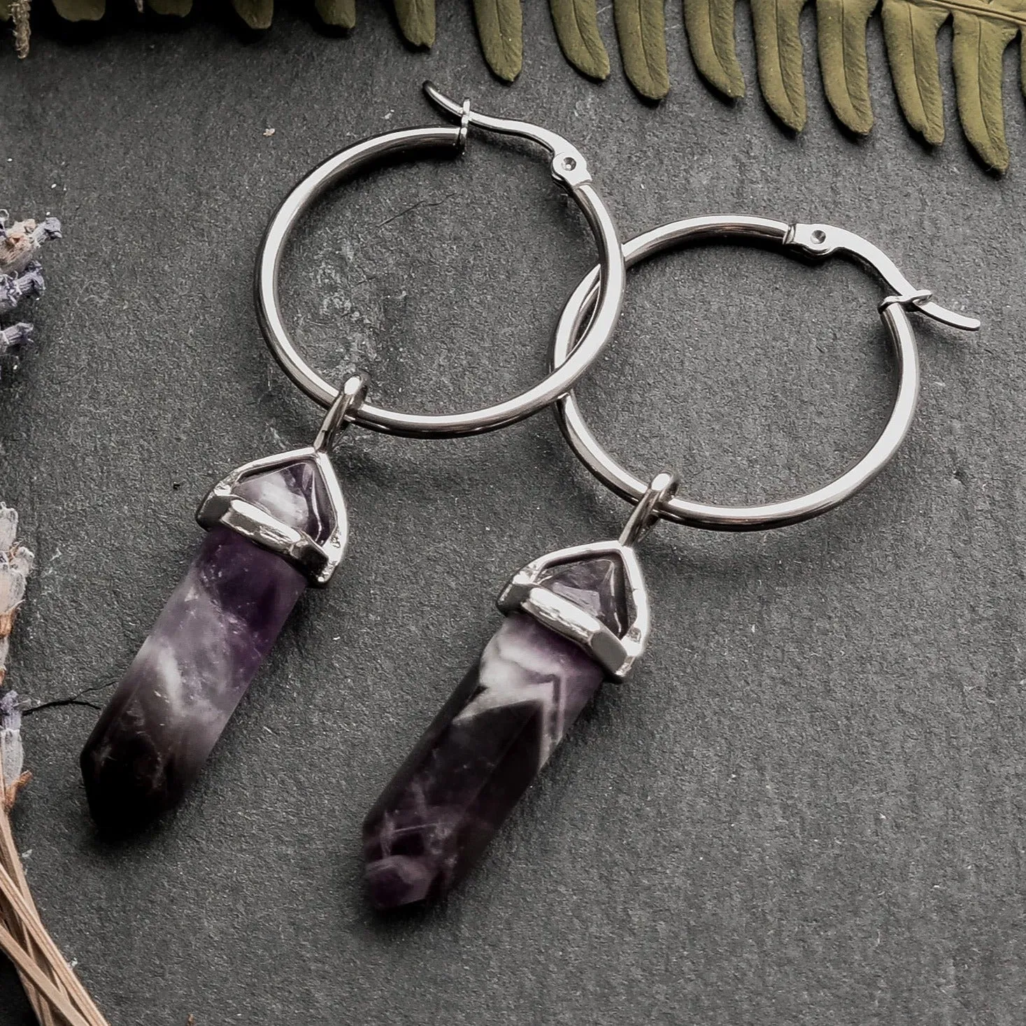 Silver Amethyst Crystal Hoops