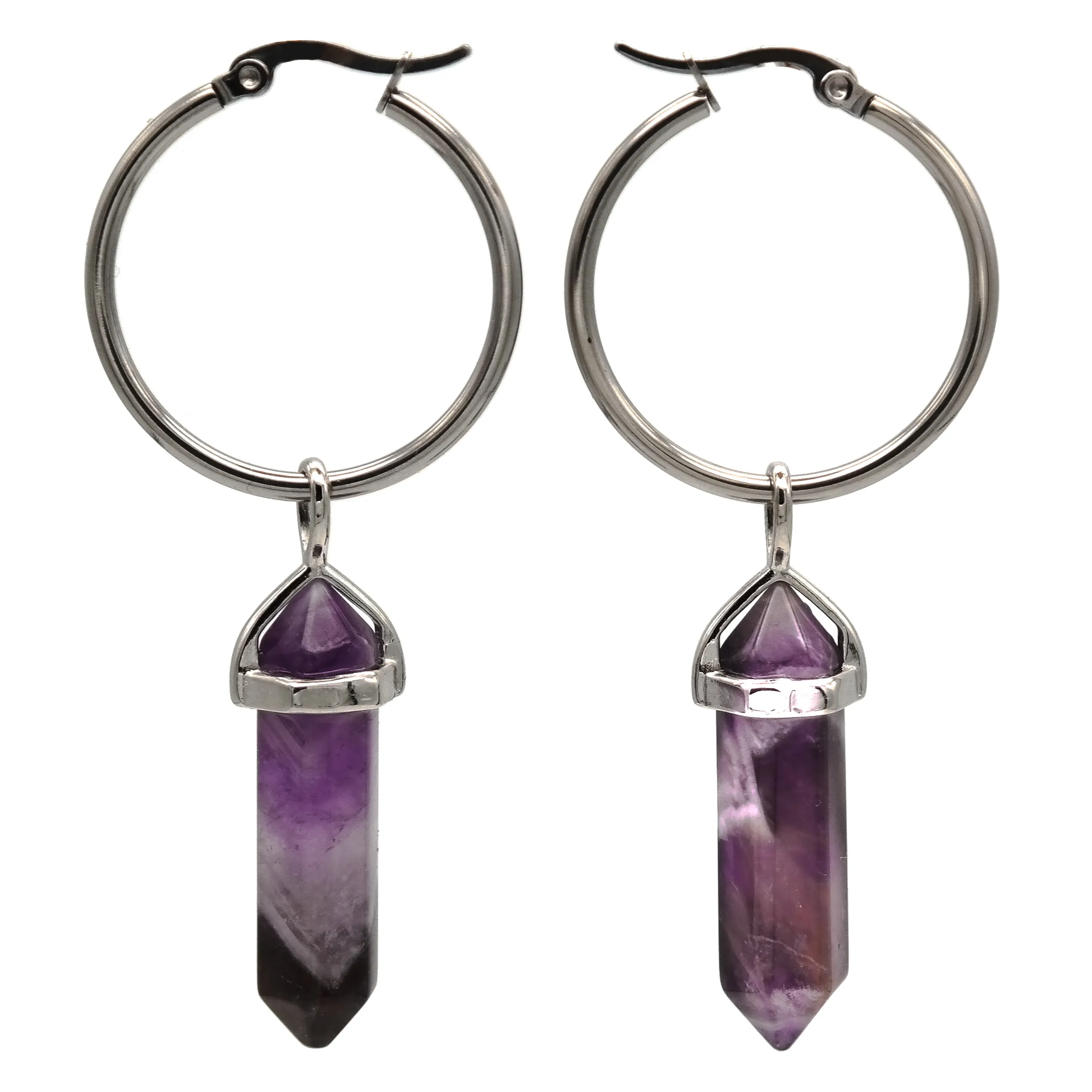 Silver Amethyst Crystal Hoops