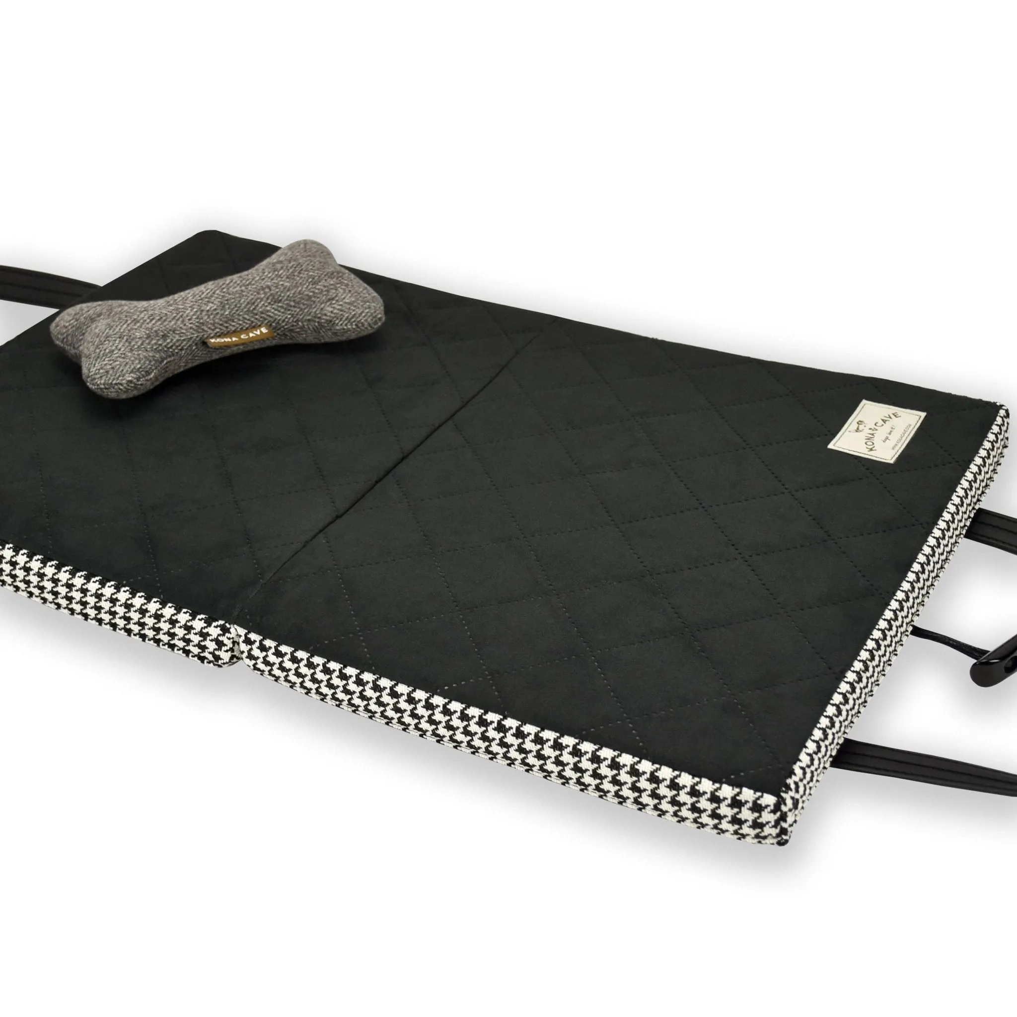 Travel Dog Bed - Black and White Houndstooth with Ultra-suede Lining