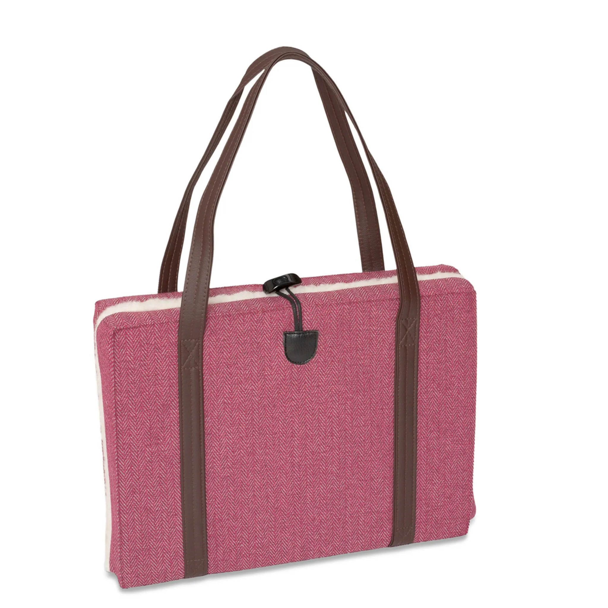 Travel Dog Bed - Pink Herringbone with Fluffy Wool Lining